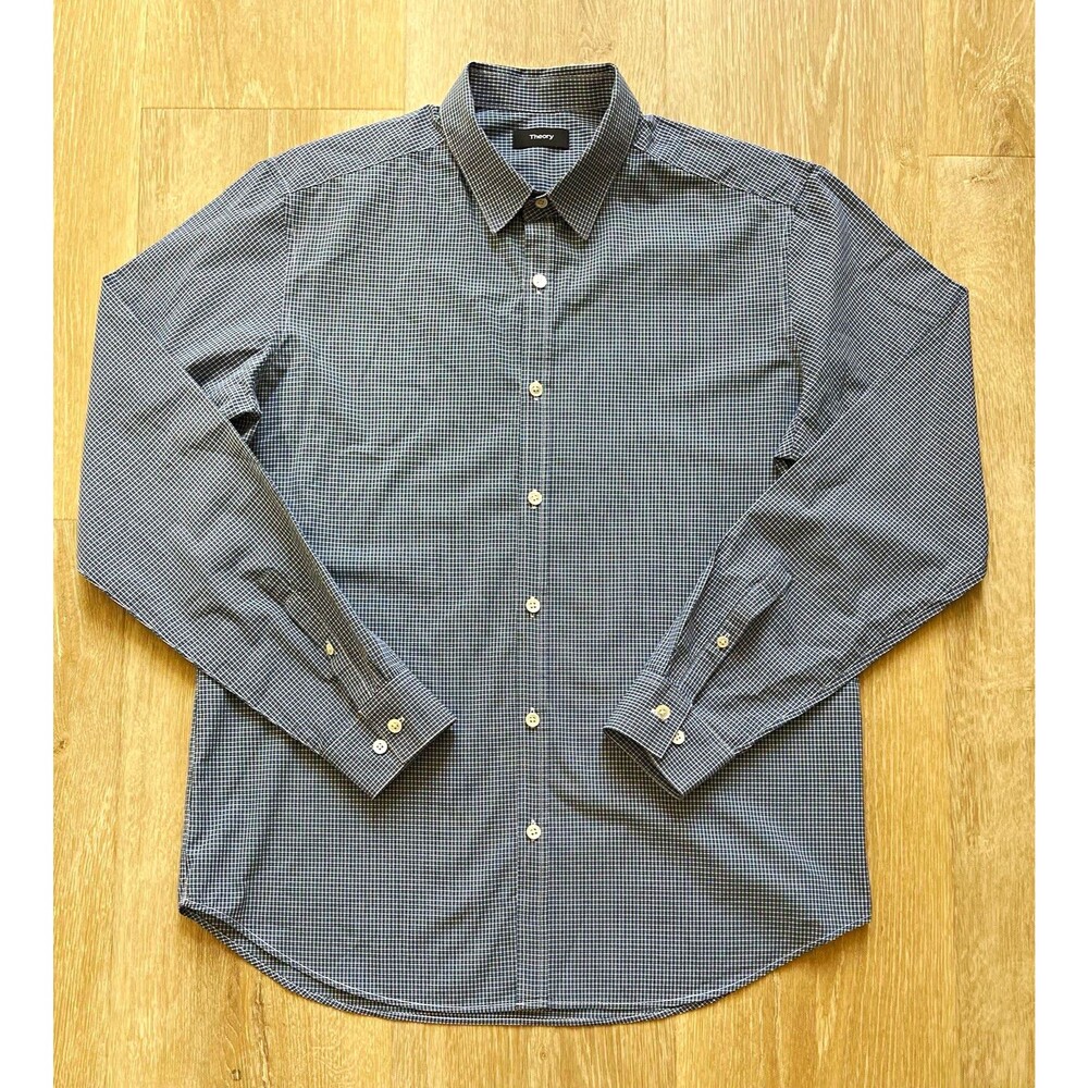 Theory Mens L Blue/White Check Long Sleeve Button-Up Cotton Point Collar